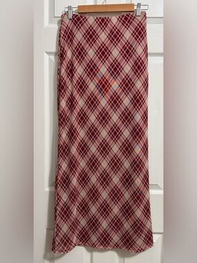 Plaid Maxi Skirt in Burgundy and Cream Stretch